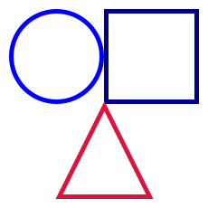A circle beside a square above a triangle